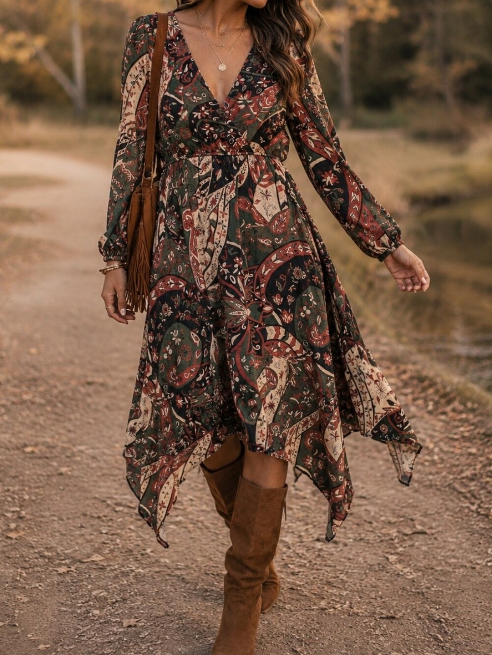 NWT APRICOT Olive Rust Cream Paisley Wrap Midi Dress Boho Cottagecore